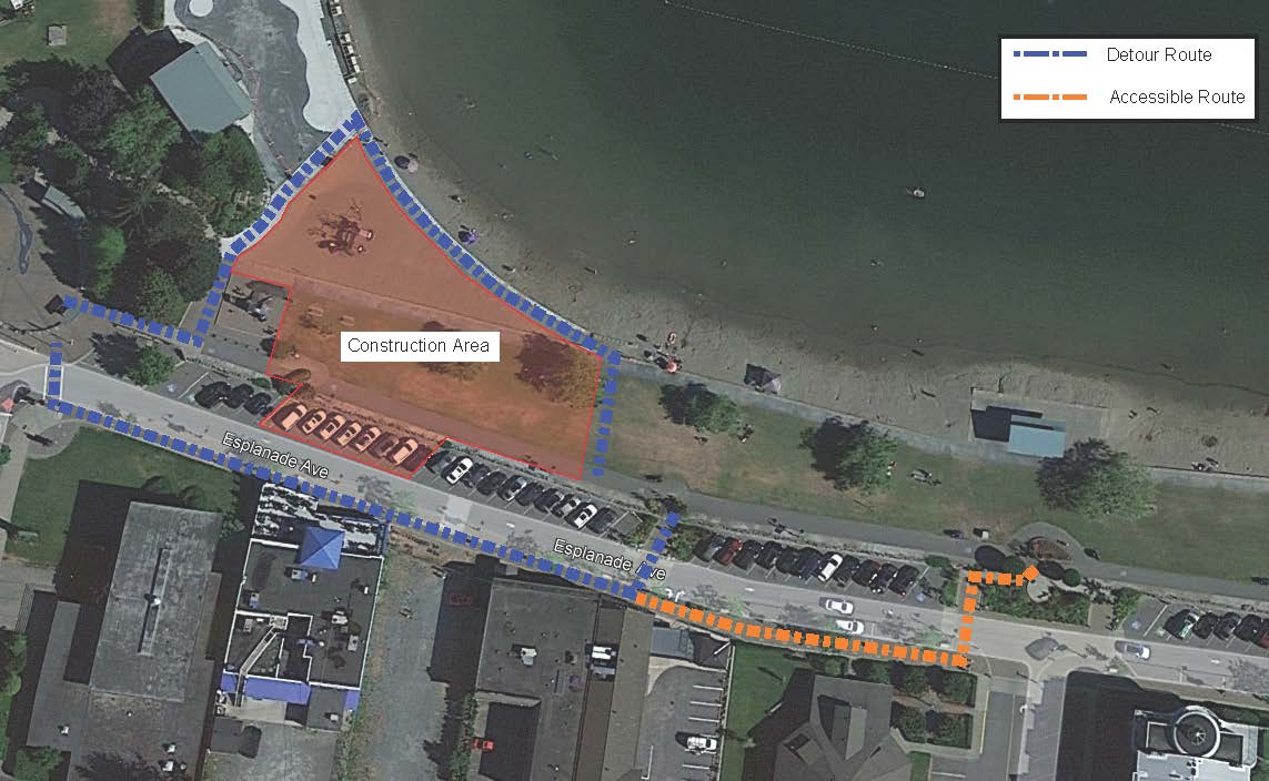 Map showing construction area and detour routes