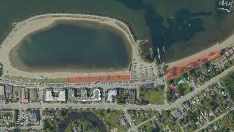 Aerial view of Harrison Hot Springs showing bbq locations