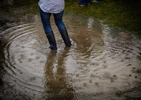 A person standing in a puddle of water